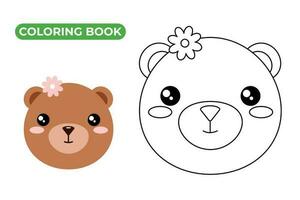 pequeno bebê Urso garota. linha vetor ilustração do Urso filhote. desenhando do bebê animal face com flor em cabeça. contorno coloração livro para crianças.