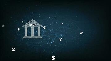 isométrico imagem do banco e moeda em Sombrio azul fundo. vetor