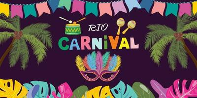 festivo carnaval poster com brasileiro música instrumentos e tropical folhas. vetor