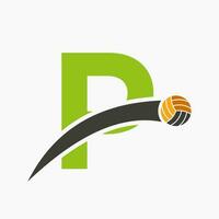 voleibol logotipo em carta p com comovente voleibol bola ícone. voleio bola símbolo vetor