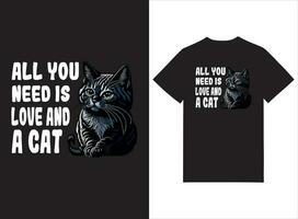 todos você precisar é amor e uma gato ilustrado camiseta Projeto vetor