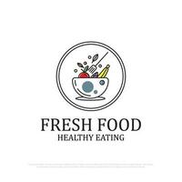 fresco Comida logotipo crachá vetor ilustração, saudável comendo com salada dentro tigela forma, melhor para restaurante logotipo marca