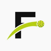 pickleball logotipo em carta f com comovente pickleball ícone. pickleball placa modelo vetor