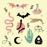 bruxa esotérico dia das Bruxas gráfico elementos embalado com cobras, morcegos, mãos e humano corações vetor