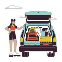 Faculdade aluna carro plano linha vetor local ilustração. latina calouro menina Carregando carro tronco 2d desenho animado esboço personagem em branco para rede ui Projeto. estrada viagem editável isolado cor herói imagem