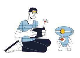 robótica engenheiro plano linha conceito vetor local ilustração. homem com sem fio console teste robô 2d desenho animado esboço personagem em branco para rede ui Projeto. editável isolado cor herói imagem