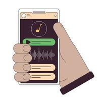 música aplicativo em Smartphone plano linha conceito vetor local ilustração. ouvindo para música. segurando gadget 2d desenho animado esboço mão em branco para rede ui Projeto. editável isolado cor herói imagem