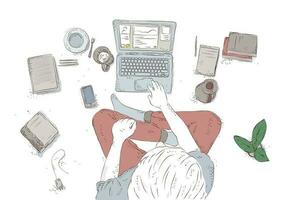 humano com computador portátil às lar, sentado em a chão. mão desenhado colori ilustração, jovem homem topo Visão em branco fundo. vetor
