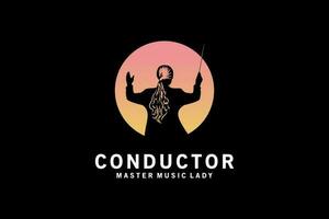 orquestra condutor mulher silhueta logotipo projeto, coro música condutor vetor símbolo