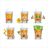 laranja suco desenho animado personagem com fofa emoticon trazer dinheiro vetor