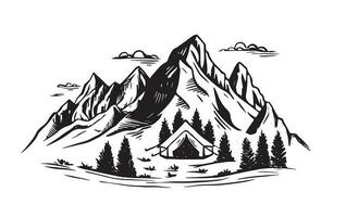 acampar na natureza, paisagem de montanha, estilo de desenho, ilustrações vetoriais. vetor