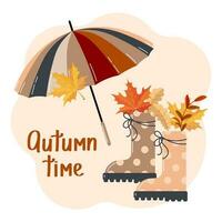 guarda-chuva, botas de borracha com folhas de outono e rowan. imprimir, ilustração de outono, vetor