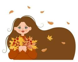 linda garota com um buquê de folhas de bordo de outono e rowan. ilustração, impressão, vetor