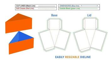 triângulo bolo fatia caixa embalagem, aniversário bolo fatia caixa dieline modelo e 3d renderizar, redimensionável e editável vetor Arquivo