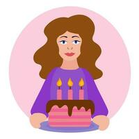 aniversário mulher. menina segurando prato com aniversário bolo, velas. vetor plano ilustração