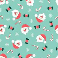 fofa desenho animado Natal desatado padronizar com papai noel, doces, flocos de neve, e doce bengala, em uma azul fundo vetor