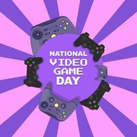 nacional vídeo jogos dia. poster bandeira Projeto com jogos controlador em roxa fundo. vetor ilustração Projeto.
