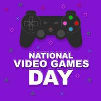 nacional vídeo jogos dia. poster bandeira Projeto com jogos controlador em roxa fundo. vetor ilustração Projeto.