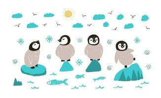 conjunto do fofa desenho animado bebê pinguins em pé em icebergs dentro Antártica e tendo Diversão em uma ensolarado inverno dia. mão ilustração do pinguins para Natal Projeto. vetor