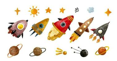 espaço ilustração dentro infantil estilo. conjunto do cosmos elementos tal Como foguete, estrelas, asteróides, OVNI, cometas, lua, osteroide, estilizado planetas definir. cósmico conjunto vetor