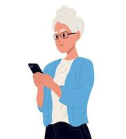 Senior mulher segurando Móvel telefone. vetor ilustração.