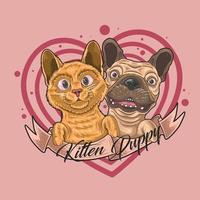 ilustração de gatinho fofo e cachorrinho amam juntos vetor