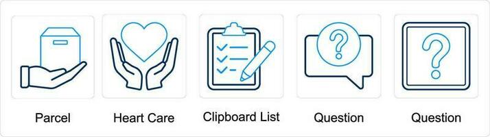 uma conjunto do 5 misturar ícones Como parcela, coração Cuidado, prancheta lista, questão vetor
