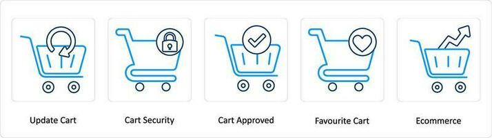 uma conjunto do 5 extra ícones Como atualizar carrinho, carrinho segurança, carrinho aprovado vetor