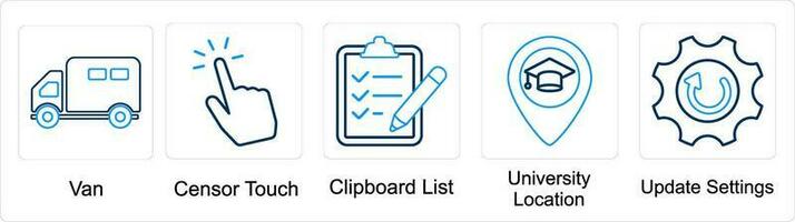 uma conjunto do 5 misturar ícones Como furgão, censurar tocar, prancheta Lista vetor