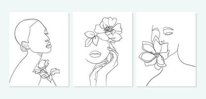 conjunto do rostos com flor. abstrato mínimo retrato. - vetor ilustração