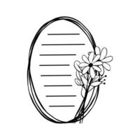 lindas flores, pólen e folhas em moldura oval tripla com linha preta para mensagem como papel de carta. ilustração vetorial sobre artigos de papelaria. vetor