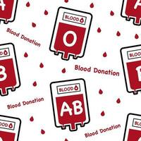 fofa plano ícone esboço sangue bolsa. sangue tipo a, b, o e ab. vermelho texto 'sangue doação' e gotas em branco fundo. vetor ilustração desatado padronizar sobre médico e saúde.