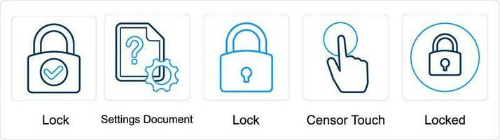 uma conjunto do 5 misturar ícones Como trancar, configurações documento, trava vetor