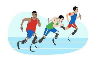 desenho animado ilustração atletas com deficiências corrida dentro a estádio. Desativado atleta retransmissão raça vetor
