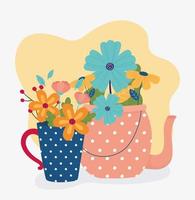 olá primavera bule e vaso com decoração de flores da natureza vetor