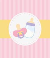 chá de bebê, chupeta rosa e fundo com listras de garrafa de leite. vetor