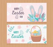 Feliz dia de Páscoa, cartões, flores, orelhas, cesta, ovos, fundo de madeira vetor