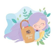 menina com saco de compras, garrafas, plantas, ecologia ambiental vetor