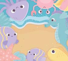 litorânea cavalo-marinho polvo estrela do mar peixes concha desenho animado sob o mar vetor