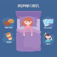 insônia causa estresse, cafeína, refeições pesadas e hábitos de sono ruins vetor