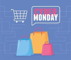 cyber segunda-feira, sacolas de compras e mercado virtual de carrinhos vetor