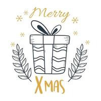caixa de presente feliz natal com decoração de arco e ramos vetor