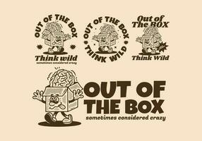 Fora do a caixa, mascote personagem do uma cartão caixa com uma humano cérebro em isto vetor