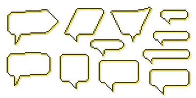 pixel discurso bolha coleção gráfico diálogo caixas. retro jogos 8 mordeu linha texto caixa. amarelo, Preto e branco cor esvaziar pixelizada mensagem bar. citar nuvem quadros. plano Projeto vetor ilustração