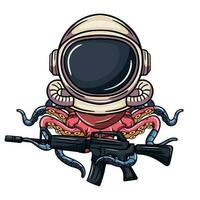 desenho animado histórias em quadrinhos personagem polvo cyborg explorador dentro astronauta terno com uma máquina pistola. ilustração para fantasia, Ciência ficção e aventura histórias em quadrinhos vetor