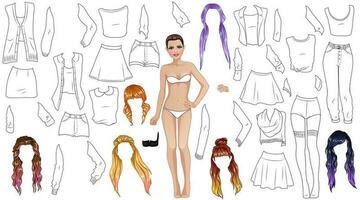 hipster menina coloração página papel boneca com fofa desenho animado personagem, roupas e penteados. vetor ilustração