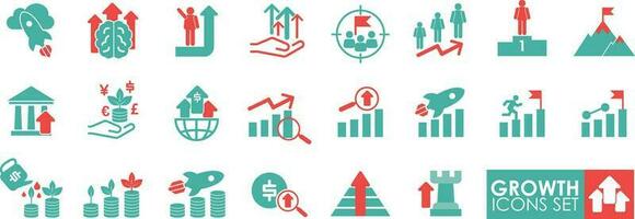 uma sólido coleção do crescimento ícone definir. vetor ilustração. contendo desempenho, aumentar, evolução, ganho, melhoria, crescer, gráfico, e desenvolvimento ícones.
