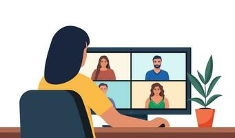 trabalhador usando computador para coletivo virtual encontro e grupo vídeo conferência. mulher às Área de Trabalho conversando com amigos on-line. vetor ilustração.