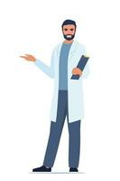 médico em uniforme médico apontando e mostrando algo com a mão. homem trabalhador de medicina explicando e apresentando algo. ilustração em vetor plana.