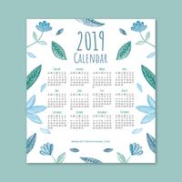 Calendário 2019 bonito com folhas e flores azuis vetor